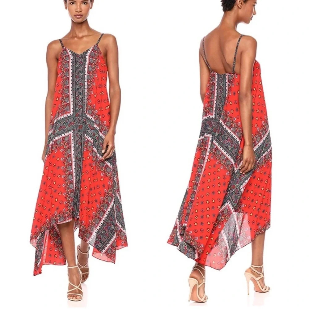 Nanette Lepore Calypso Red Multi Print Asymmetrical Hem Midi Dress Size 4